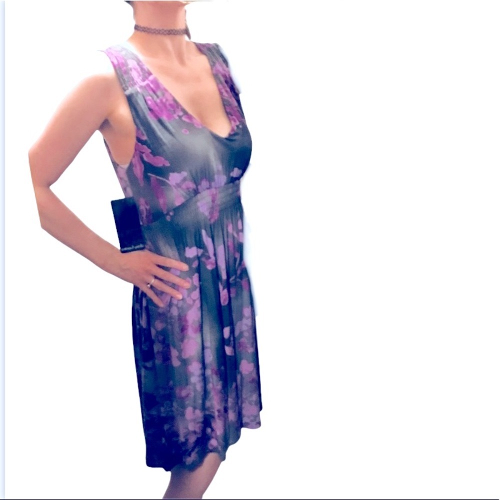 DAISY FUENTES Jet Set floral midi faeriecore retro print dress purple L NWT